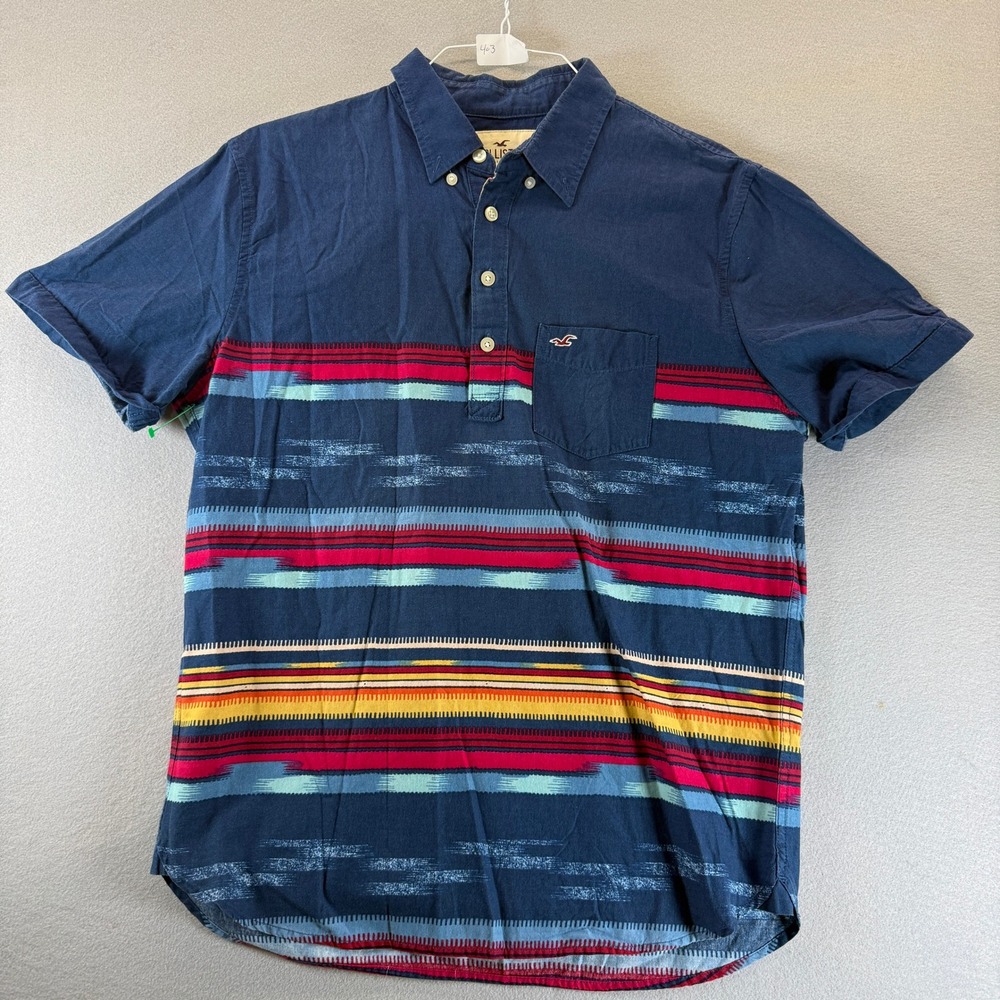 Hollister Mens Large Blue Southwestern Stripe Short‎ Sleeve Button Up Shirt